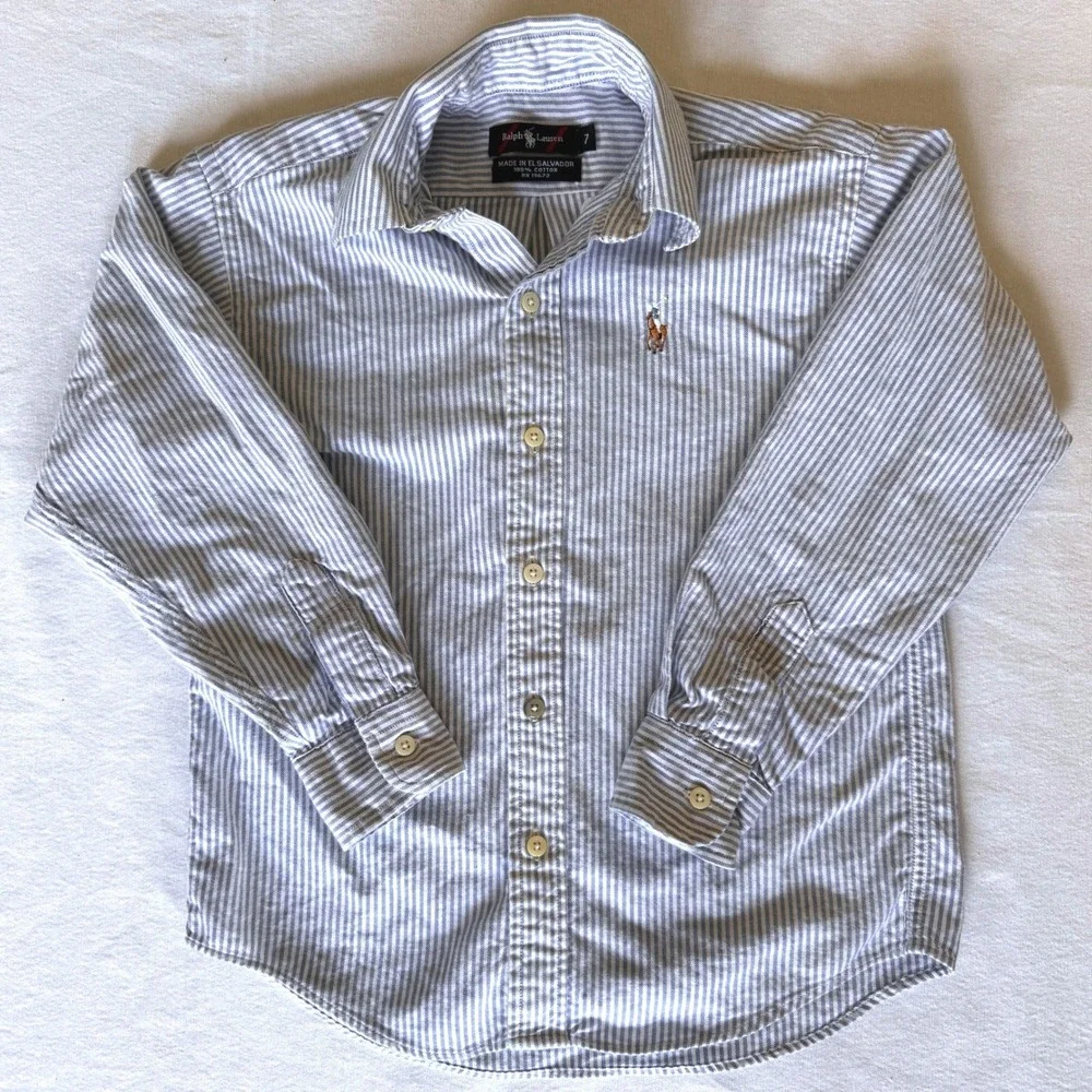 Ralph Lauren Boys Size 7 Blue White Striped Oxford Shirt Pony Logo Button Down